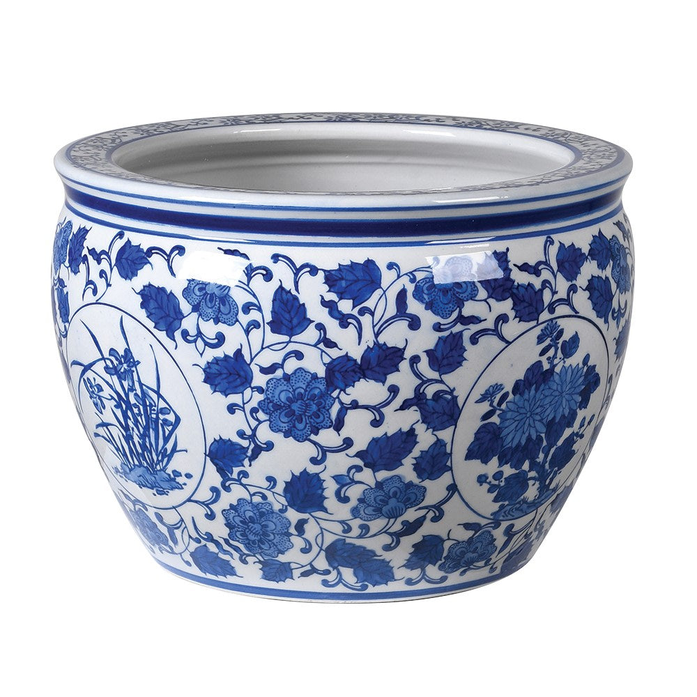 blue and white plant pots uk Large Blue & White Round Chinoiserie Planter – Velvet Victoria Home