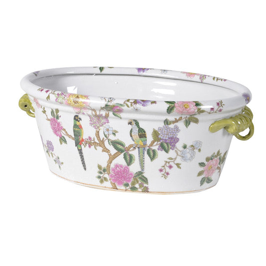 Large Flower & Parrot Oval Chinoiserie Planter