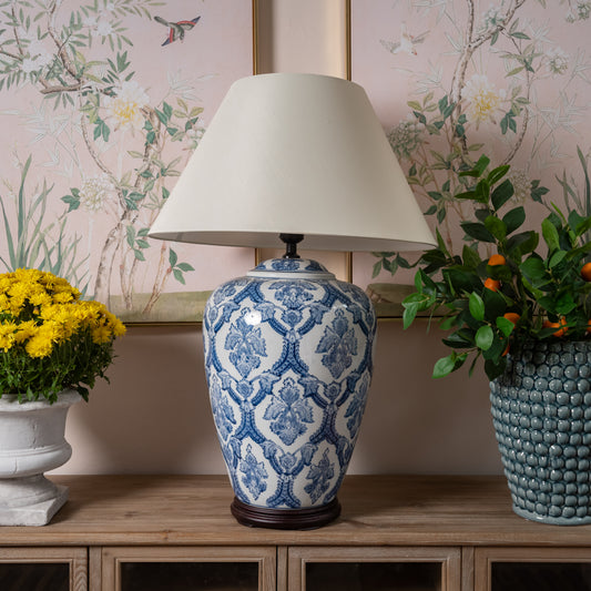 Giant Blue and White Chinoiserie Table Lamp with Shade