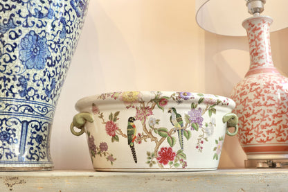Large Flower & Parrot Oval Chinoiserie Planter