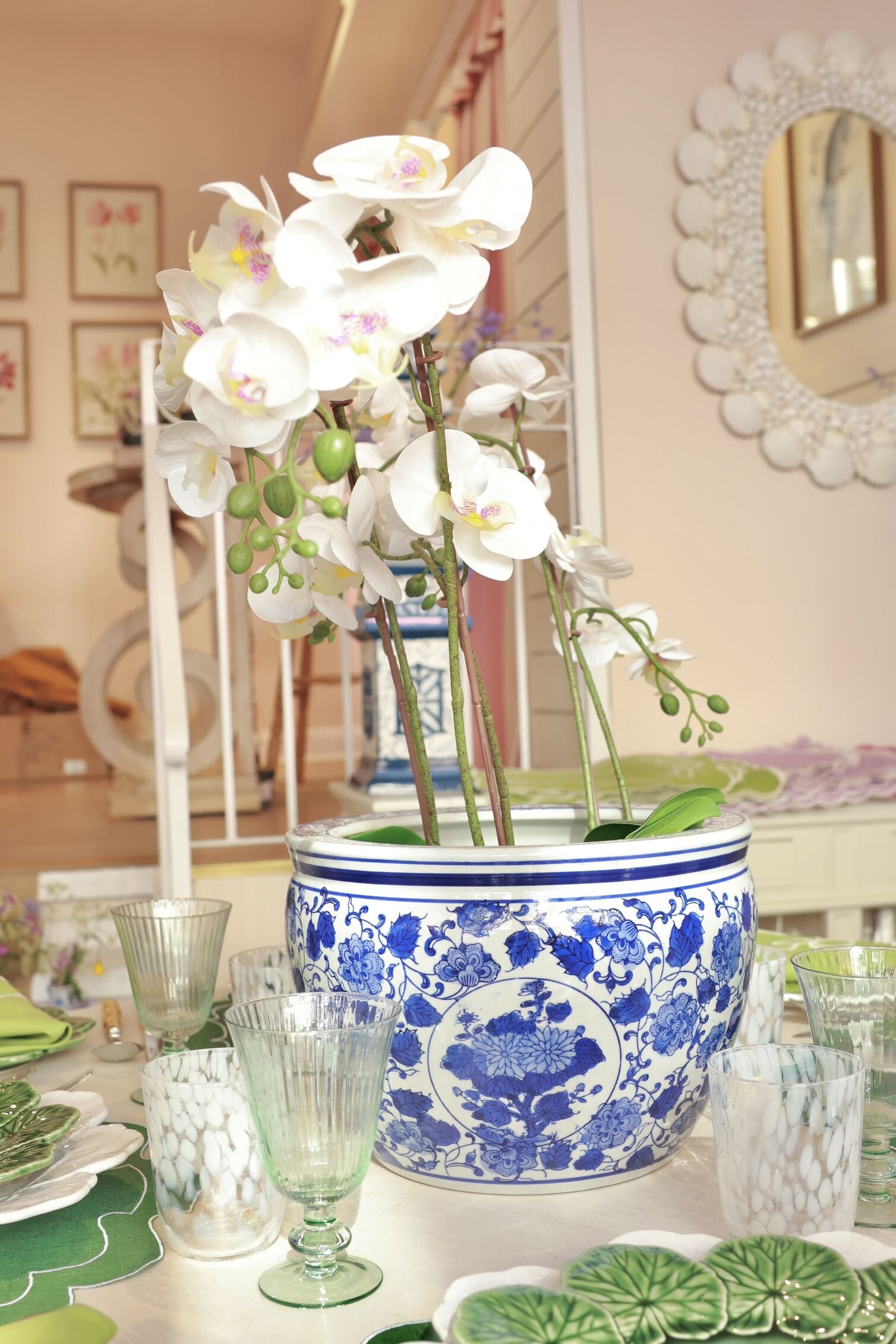 large ceramic plant pots uk Large Blue & White Round Chinoiserie Planter – Velvet Victoria Home