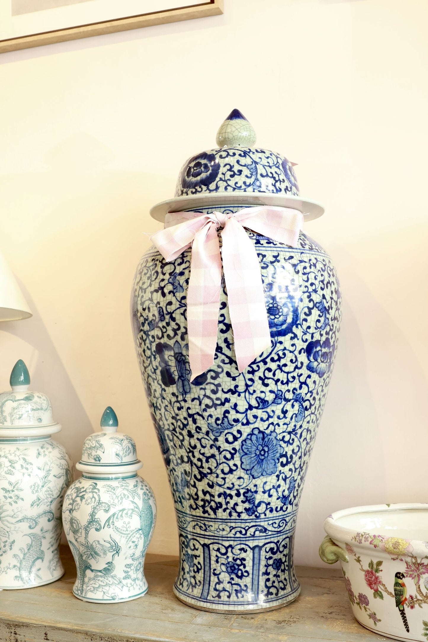 Giant Blue and White Chinoiserie Crackle Urn