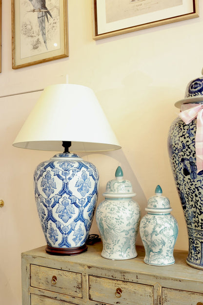 Giant Blue and White Chinoiserie Table Lamp with Shade