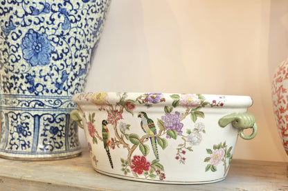Large Flower & Parrot Oval Chinoiserie Planter