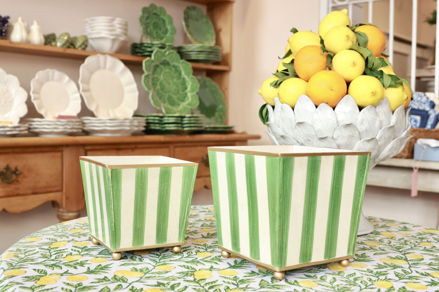 Green & Gold Striped Planters (Set of 2)