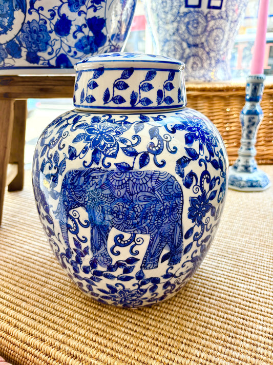Blue & White Elephant Jar