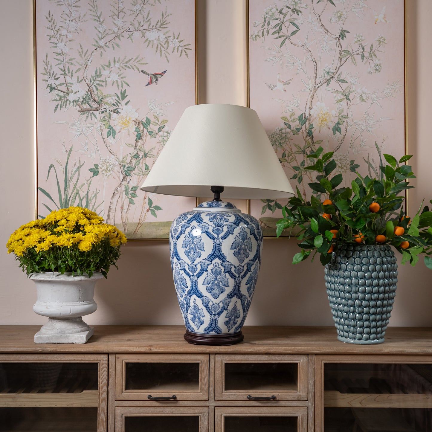 Giant Blue and White Chinoiserie Table Lamp with Shade