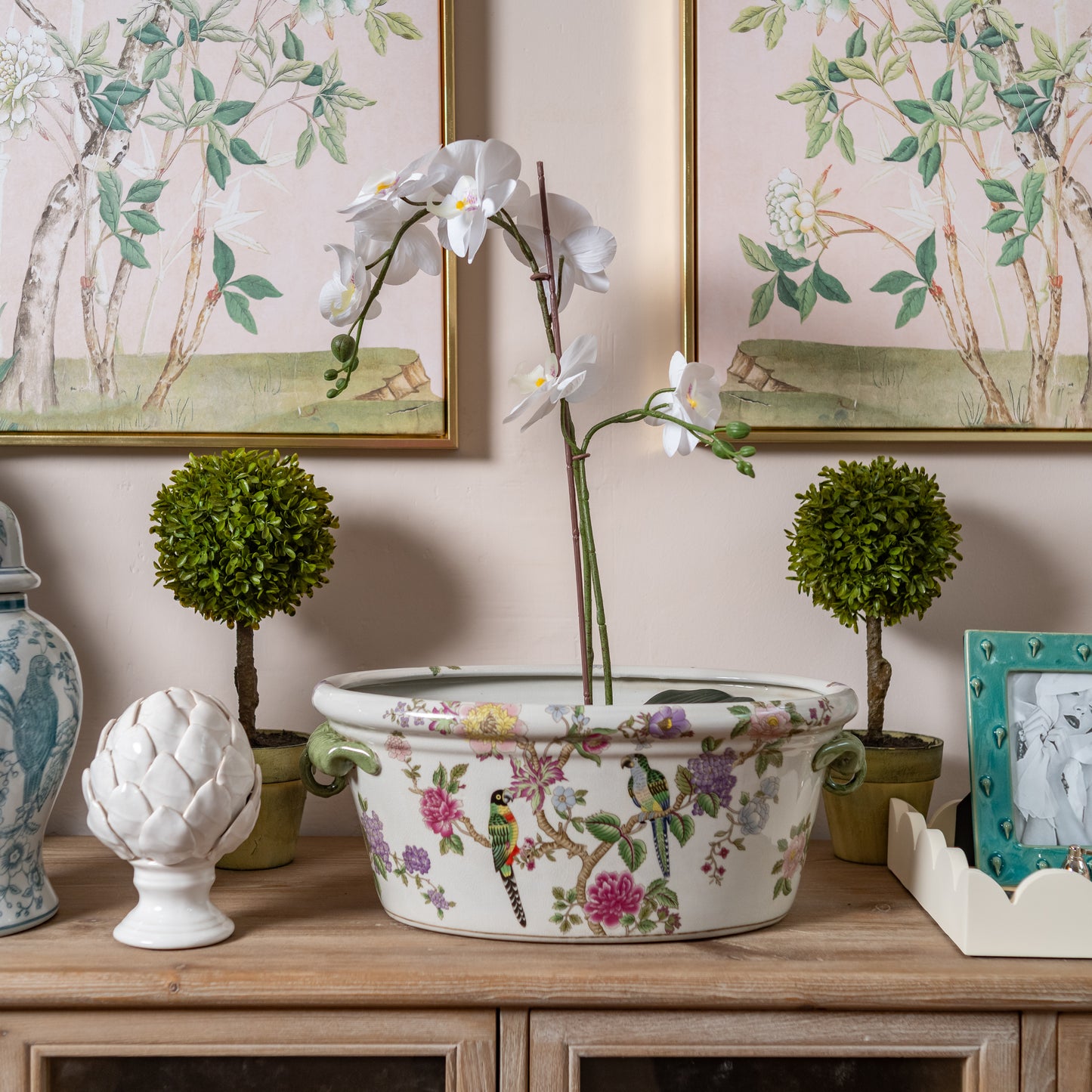 Large Flower & Parrot Oval Chinoiserie Planter