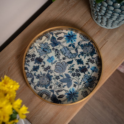 Blue and White Round Floral Tray