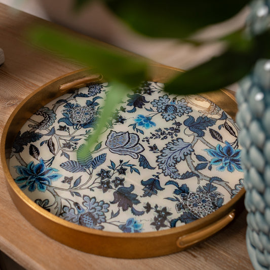 Blue and White Round Floral Tray
