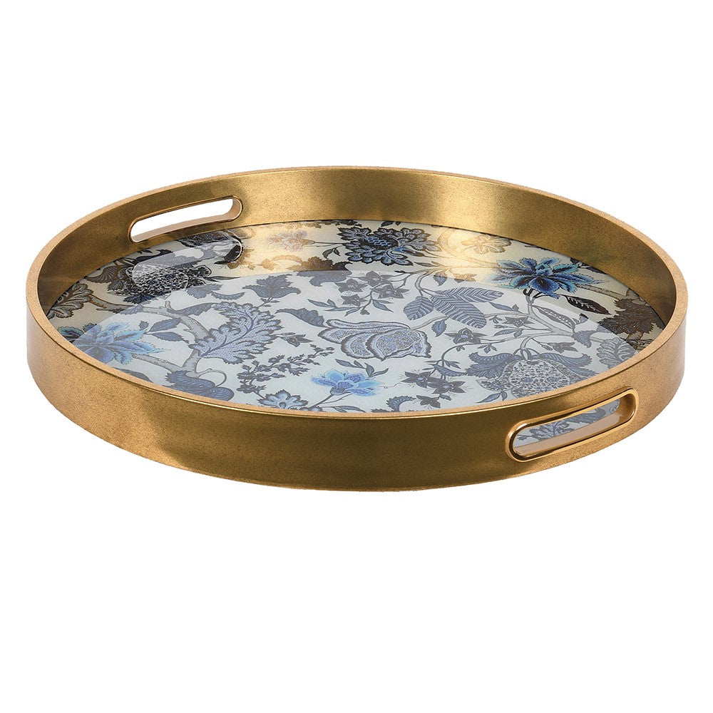 Blue and White Round Floral Tray