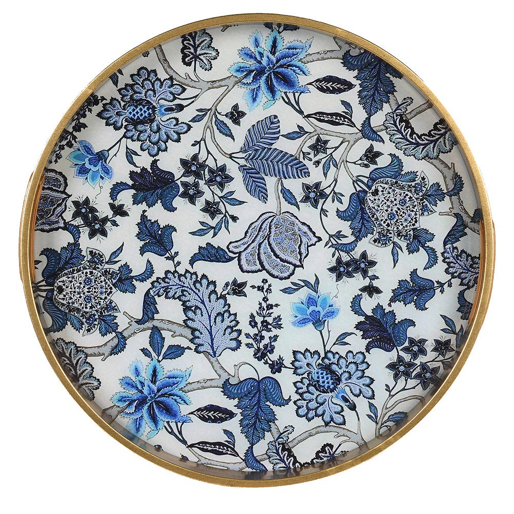 Blue and White Round Floral Tray