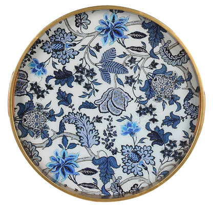 Blue and White Round Floral Tray