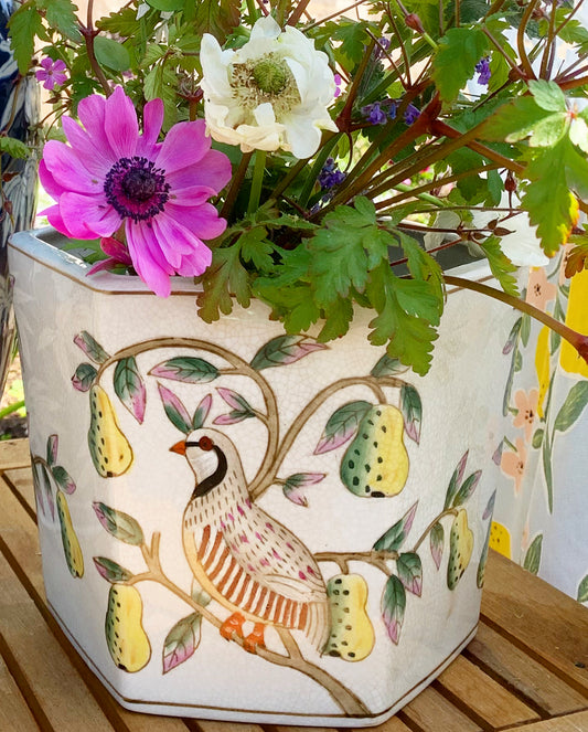Bird and Pear Round Chinoiserie Planter
