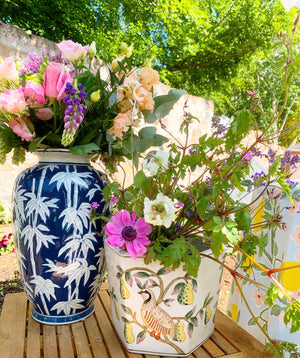 Bird and Pear Round Chinoiserie Planter