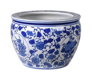 Large Blue & White Round Chinoiserie Planter