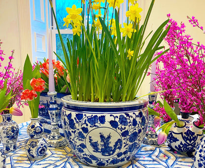 Large Blue & White Round Chinoiserie Planter
