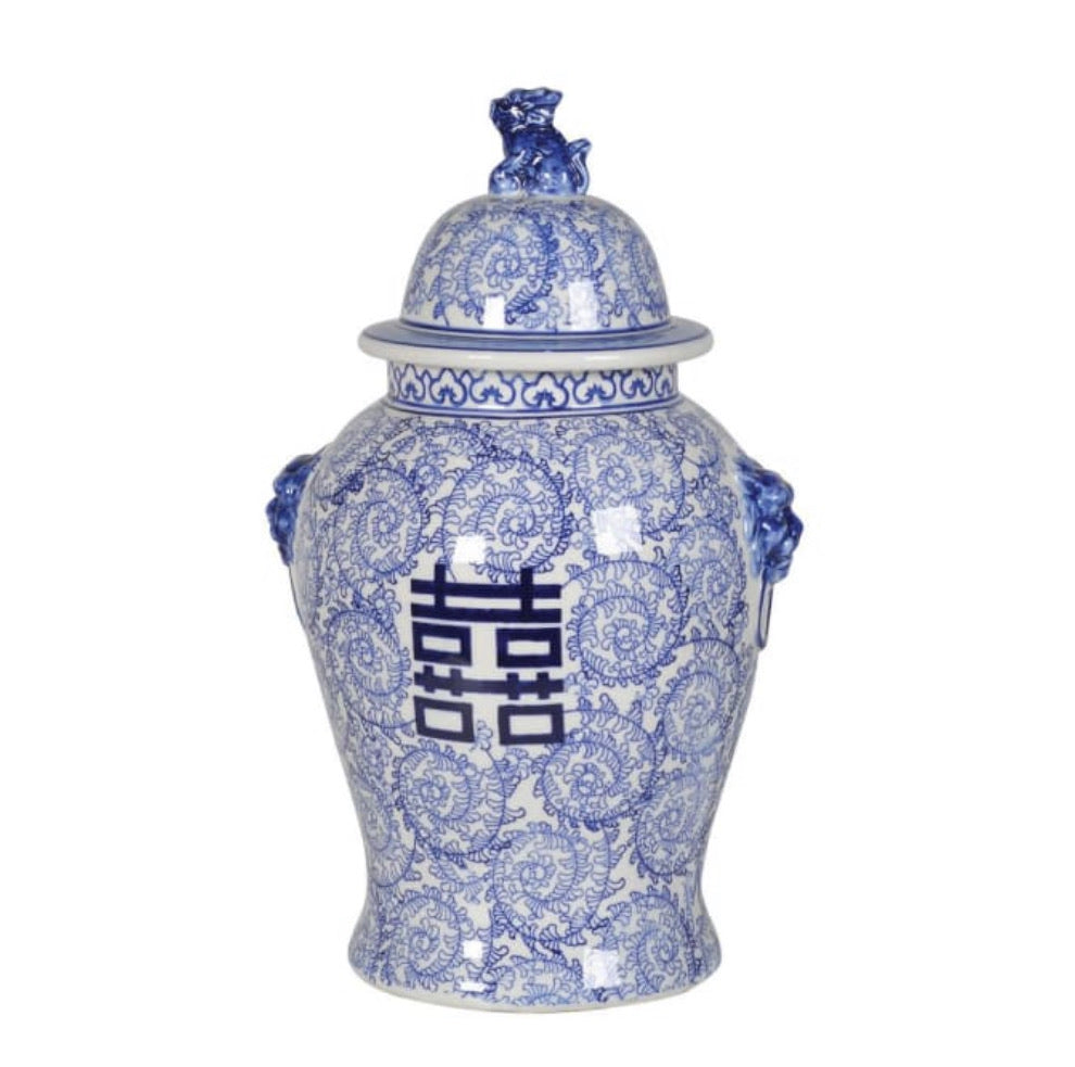 Large Blue and White Chinoiserie Temple Jar
